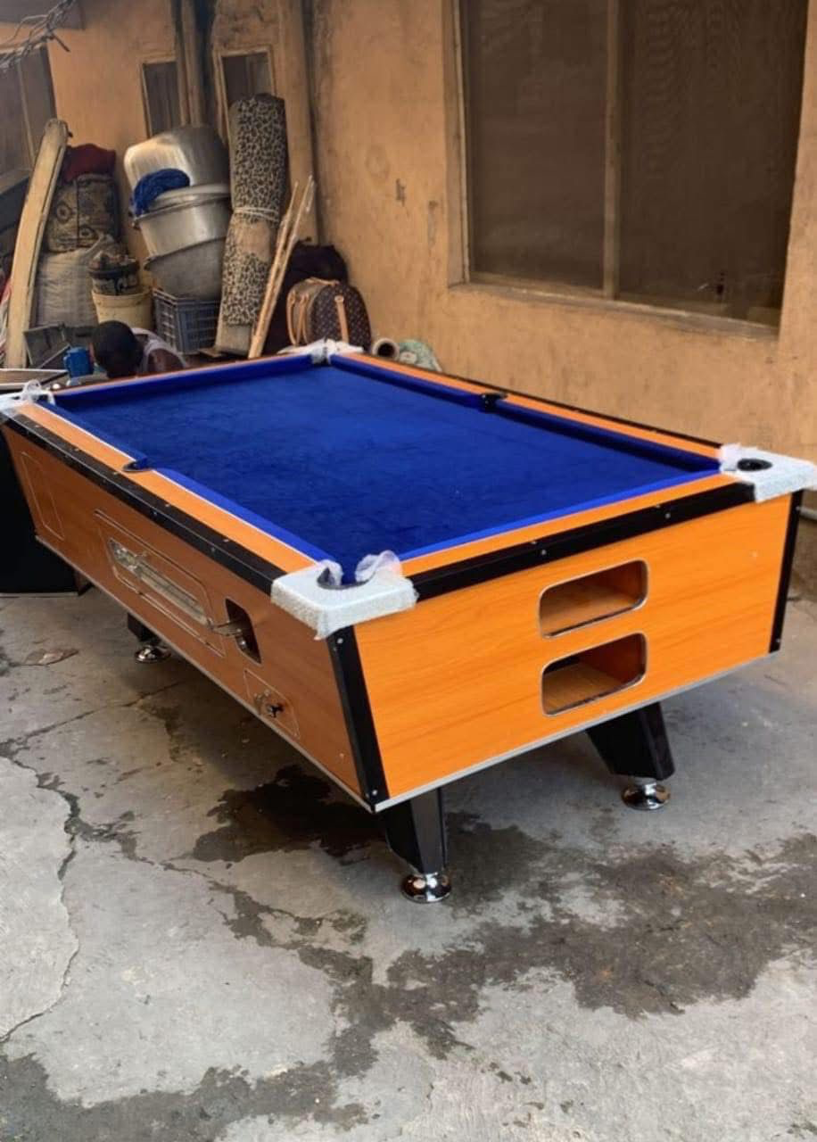 Wood finish snooker table with blue cloth